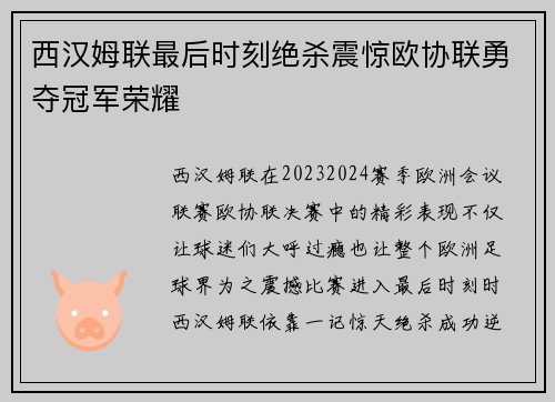 西汉姆联最后时刻绝杀震惊欧协联勇夺冠军荣耀